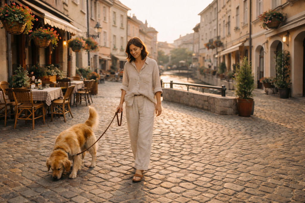 Ung kvinde i lyst linnedtøj går tur med en golden retriever på en brostensbelagt gade i en charmerende europæisk by ved solnedgang, med caféer, blomster og en kanal i baggrunden