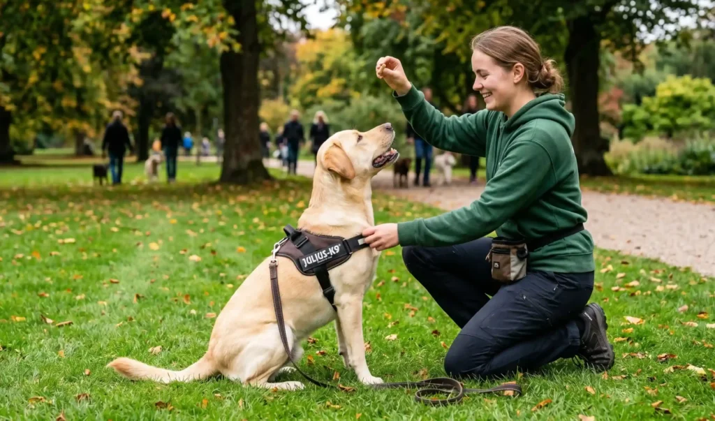 En kvinde træner sin gule labrador med godbider.